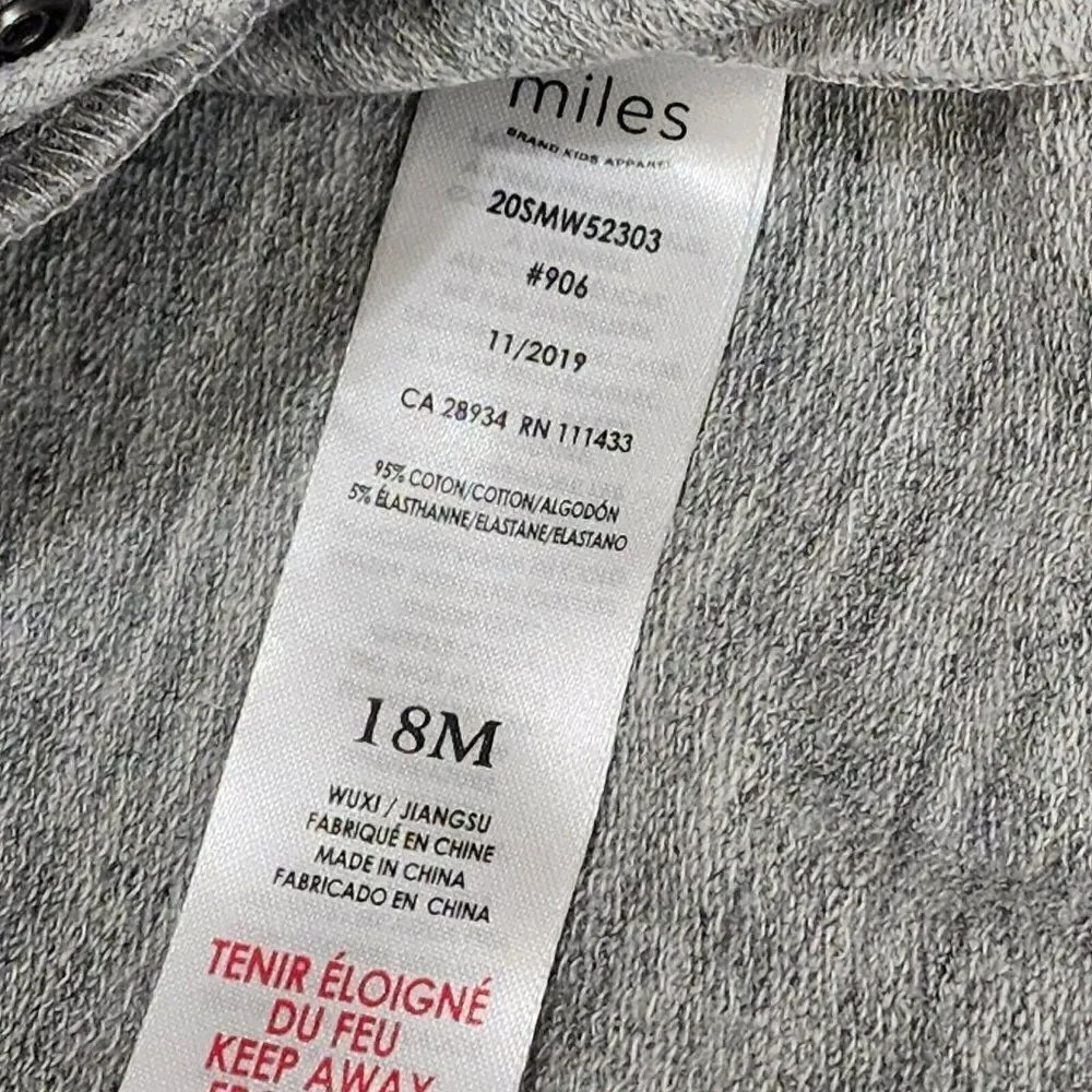 MILES Toddler Boy's - Size‎ 18M - Racket Henley Romper Heather Grey